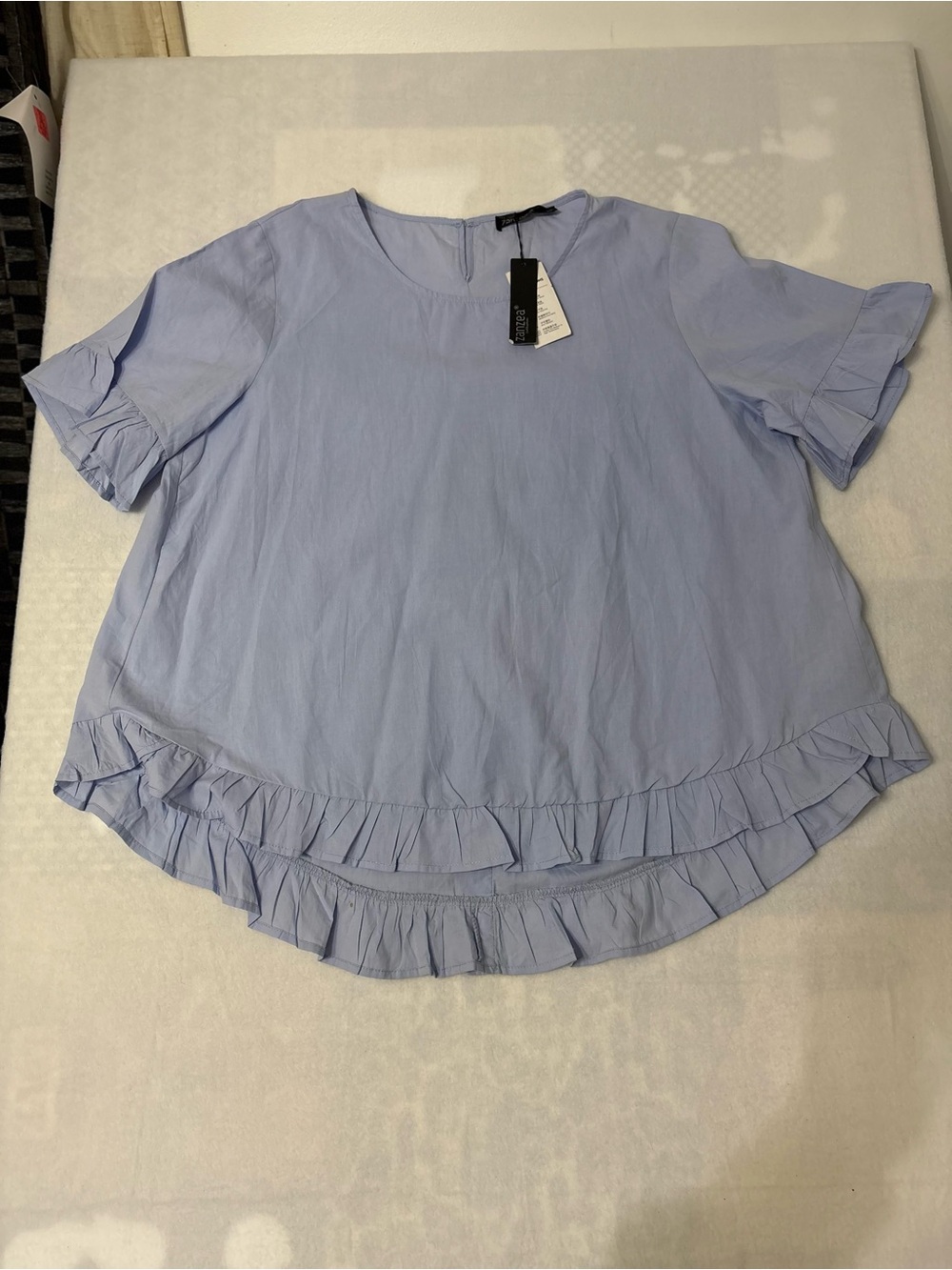 Zanzea Light Blue Ruffle-Hem Short Sleeve Blouse NWT XXL